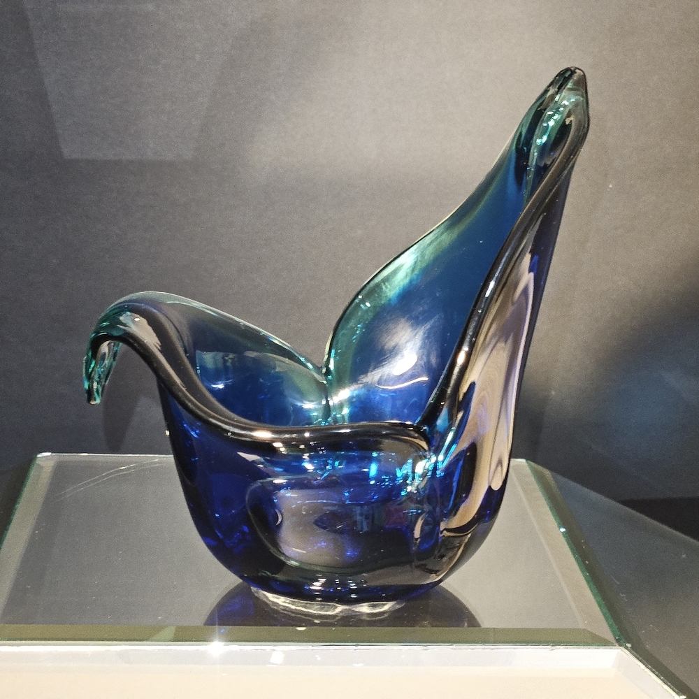 Vtg Murano Art Glass Bowl White Crystal Sommerso Blue Green Handkerchief Italy